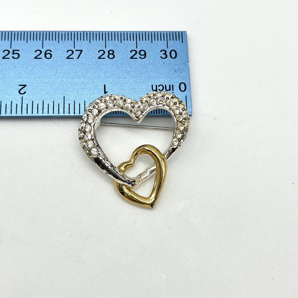 Vintage Napier Heart‎ Brooch Rhinestone Two Tone Gold Silver Interlocking - Picture 2 of 4